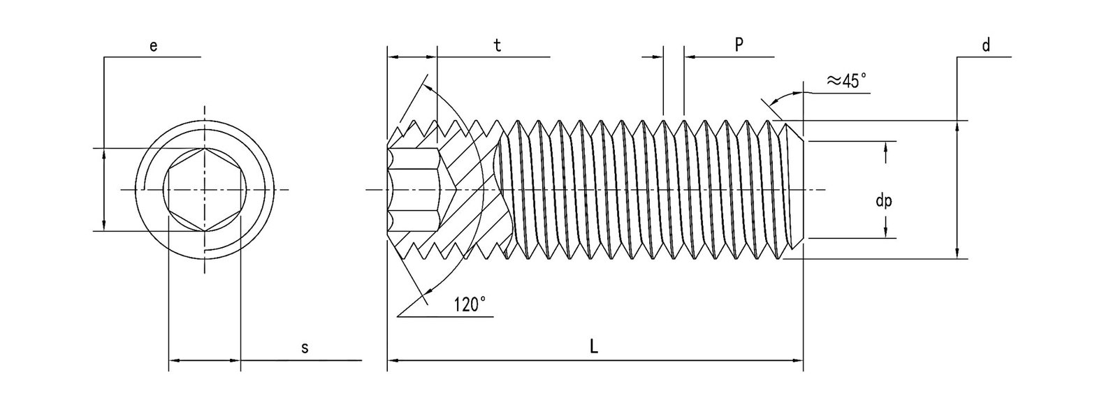 DIN 913 Hexagon Socket Set Screws with Flat Point Dimension Drawing